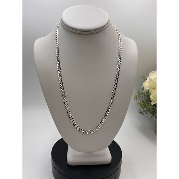 SJ 925 Italy Sterling Sterling Flat Cuban Link Diamond Etched Chain Necklace - Picture 2 of 11